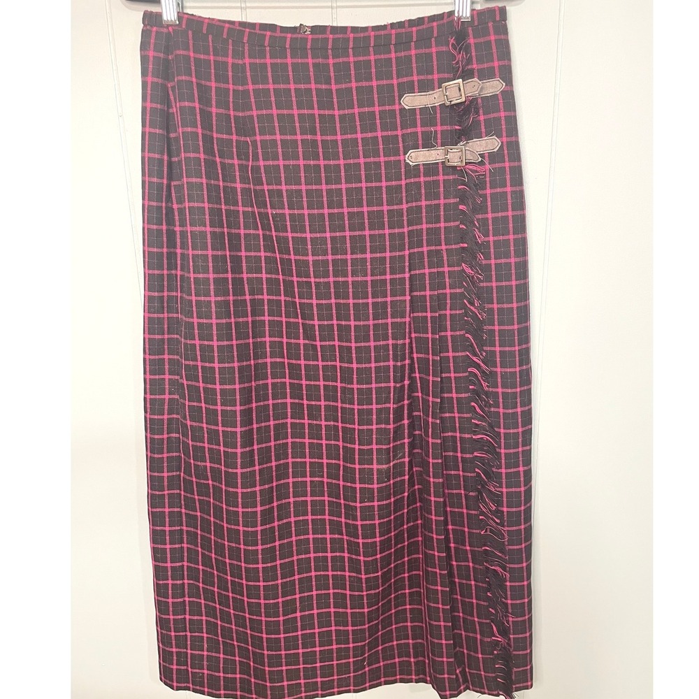 Norton McNaughton Black Pink Plaid Midi Skirt Fringe Buckle Detail‎ Size 12